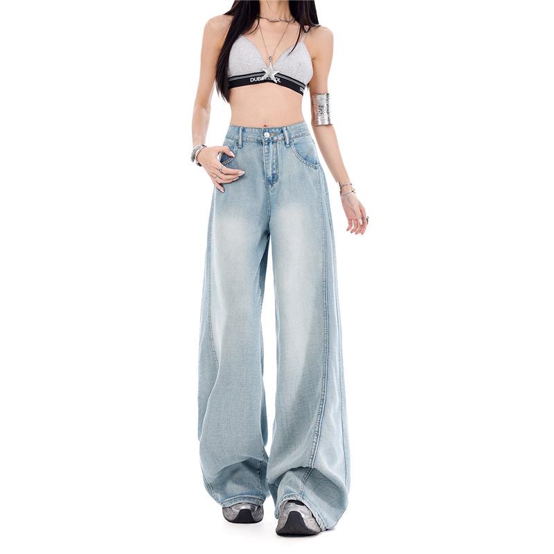 

Versatile Loose Wide-Leg Denim Women s Pants - Slimming, Comfortable, Casual, Tall-Lengthening Patchwork for Spring Small