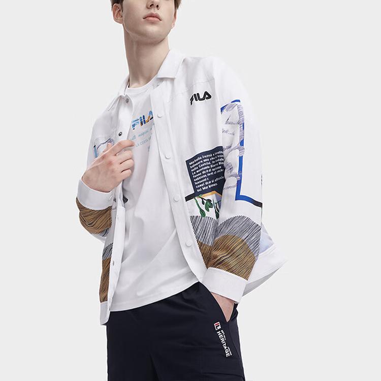 Fila All Over Print Letter Button Down Long Sleeve Shirt Men Shirts White F11M328701F-ZA