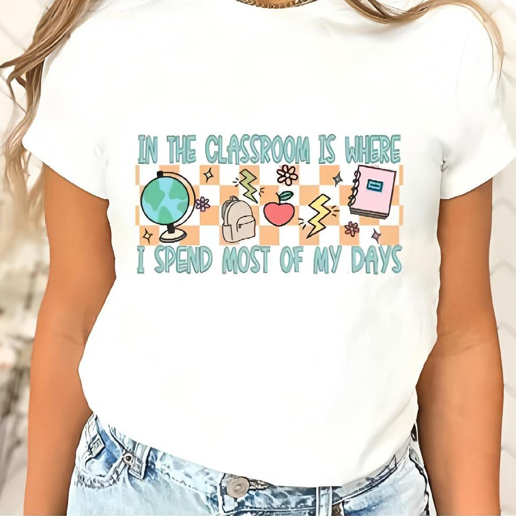 Lustiges Lehrer-Klassenzimmer-Grafik-T-Shirt - Lässiger Rundhalsausschnitt, Weiche Polyestermischung, Maschinenwaschbar - Damenmode-Oberteil