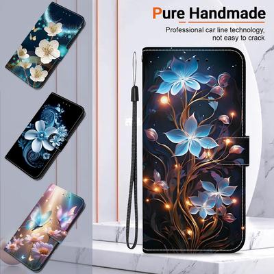 3D Abstract Art Painting Flower Animals Leather Phone Wallet Case Book Stand For iPhone 16 Pro Samsung S25 S24 Redmi 14C Magnetic Card Slot Flip Cover