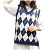 Women Streetwear Preppy Style Knitwear Tank V Neck Argyle Plaid Knitted Sweater