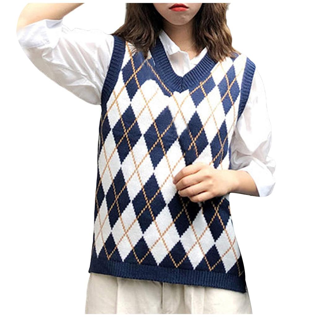 Women Streetwear Preppy Style Knitwear Tank V Neck Argyle Plaid Knitted Sweater