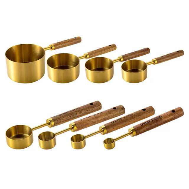 Gold-Plated Stainless Steel Measuring Cups & Spoons Set with Acacia Wood Handles, 8-Piece Kitchen Baking Tools.