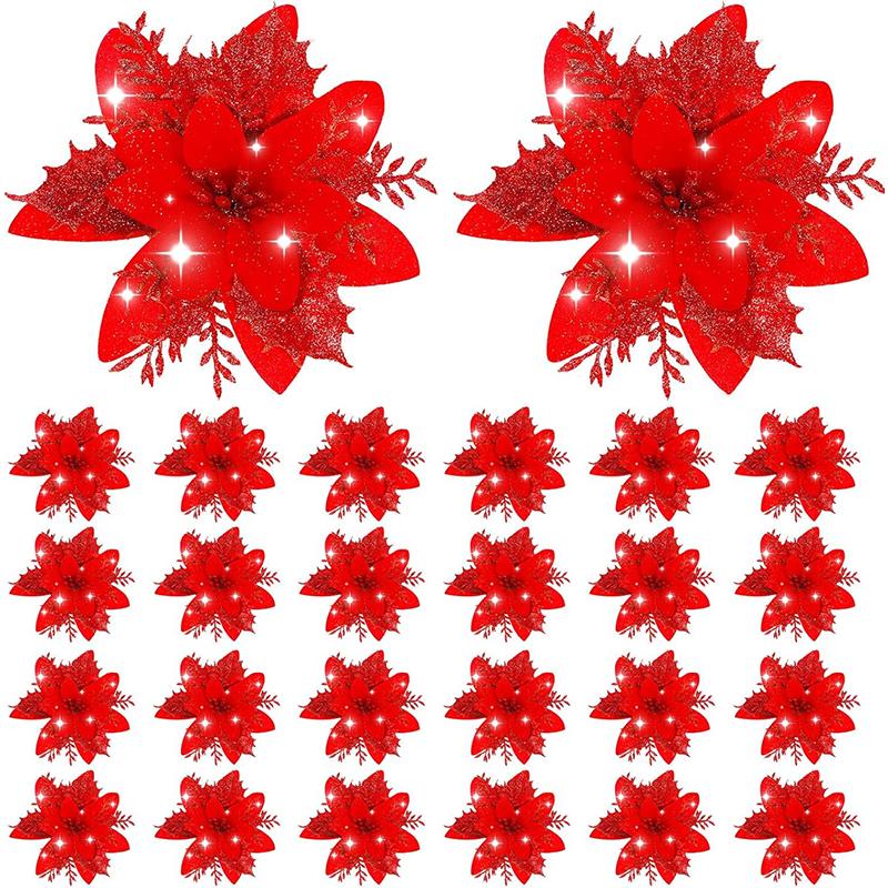 1bag 5pcs Christmas Decorations Glitter Polyester  Artificial Christmas Flowers for Christmas Tree Ornament Party Wreath Decor