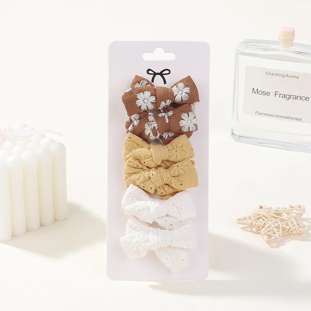 6pcs/set Mini Bow Baby Solid Bowknot Hair Clips Girl Cotton Print Hollow Hairpin Children Sweet Hairgripe Kids Hair Accessories