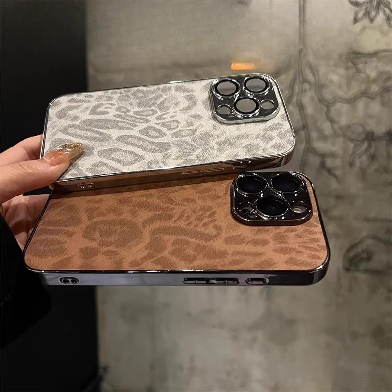 Applicable To Apple IPhone16Promax Leather Electroplating Full Inclusive Mobile Phone Case 15P Leopard Print Ins Comes with Lens Film