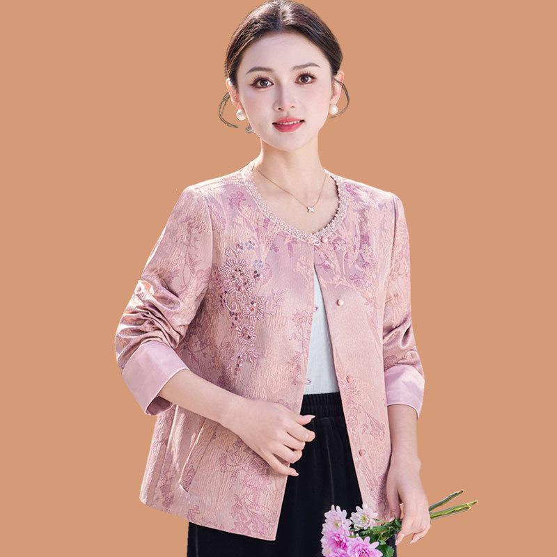 

2026 New Chinese-Style Floral Jacket - Round Neck Tang Suit for Middle-Aged Women 2XL (105-120 kg)