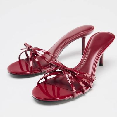 2025Wijnrood Hoge Hakken Sandalen voor Dames Vierkante Neus Strik Decor Zomer Buiten Slippers Dunne Hakken Party Bruiloft Schoenen
