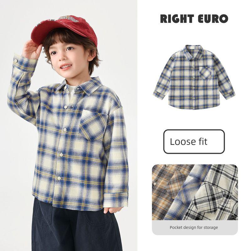 Right European Boys' Academy Plaid Long-Sleeve Shirt 2026 Spring and Autumn New Children's Clothing Baby Top Long-Sleeve Shirt