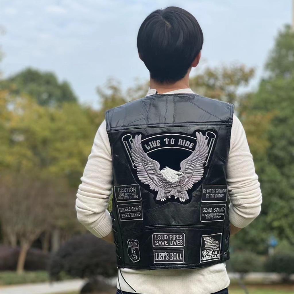 European and American classic vest, leather vest, cycling vest, silver-gray embroidered badge, locomotive leather vest men's