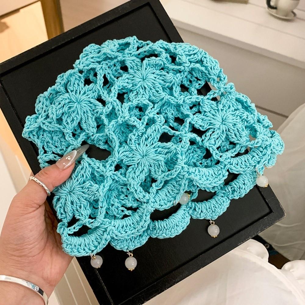 

Bohemian Style Crochet Flower Knitted Hat Thin Woven Cap Vintage Hollowed Out Beanie Cap Women синий