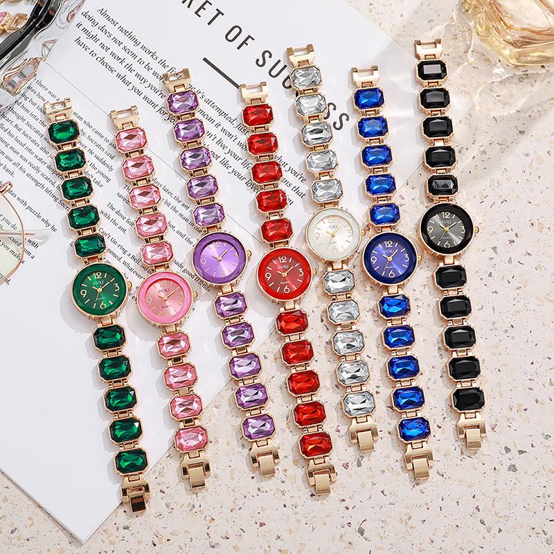 Diamond-Set Candy Ladies' Quartz Bracelet Watch - Round Dial & Square Sugar Cube Design