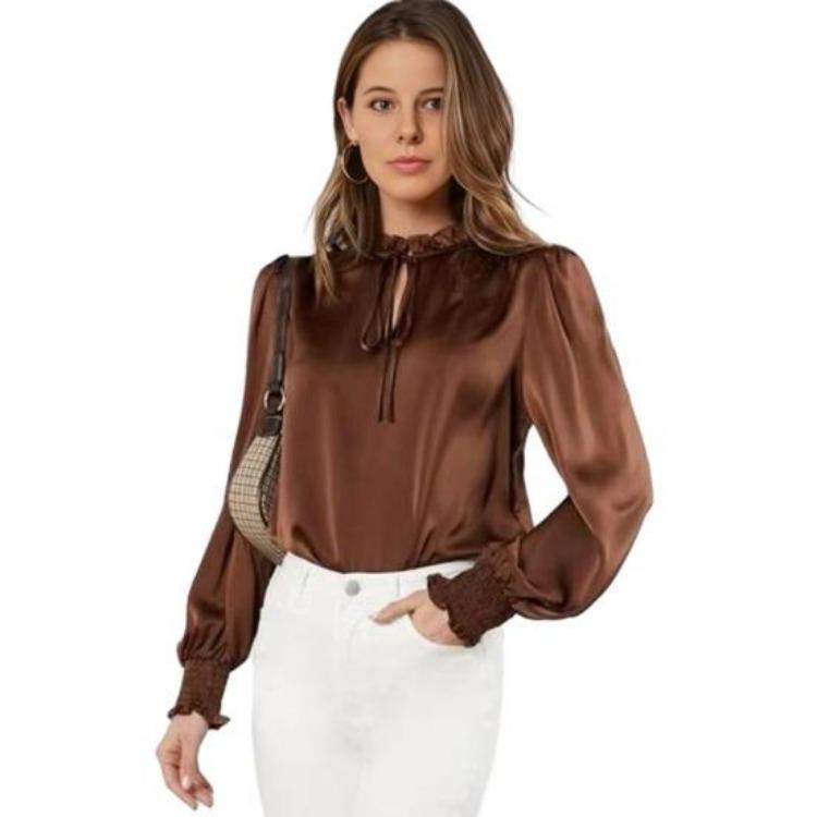 

Silky Satin Shirt for Women Stand Collar Ruffle Trim Long Sleeve Pullover Tops Solid Color Loose Fit Casual Blouse S темно-коричневого