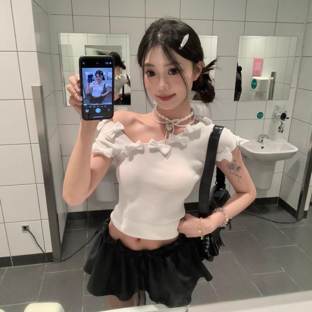 Design Sense Heavy Industry Three-dimensional Bow Off-Shoulder Short Sleeve T-Shirt Women s Summer Chic Slim Skinny Versatile Top S белый