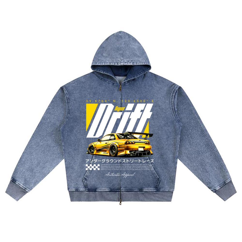 DTG print Knitted Denim Zip-Up Hoodie Hyper Drift Brother Print Zipper Hoodies  