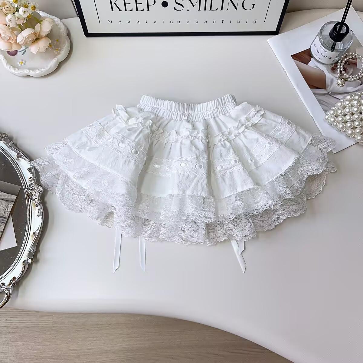 Girls Spring Autumn Lace Cake Skirt Tulle Princess Mini Skirt With Bowknot Decorative Puffy Half Body Short Skirt 90cm