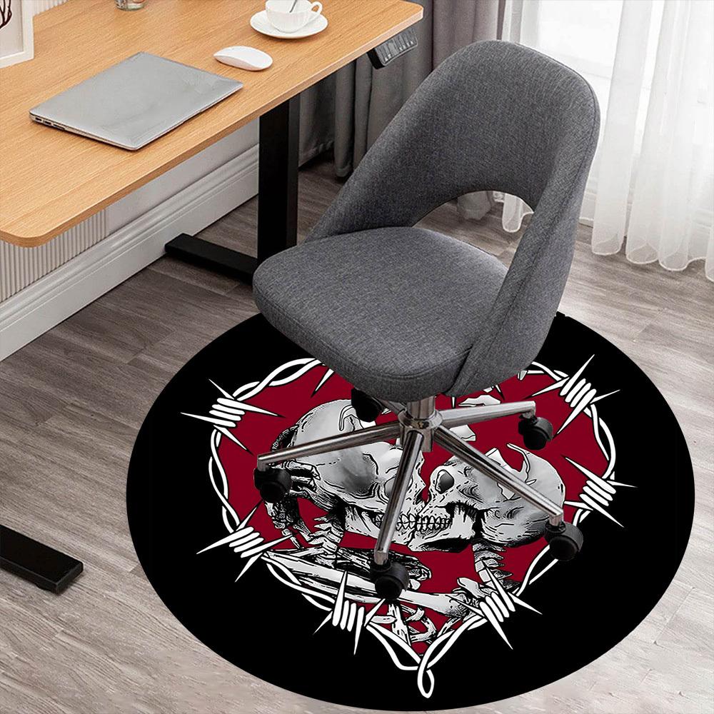 1pc Skulls BarbedWire Round Chair Mat Office Area Rug - Non-Slip, Floor Mat for Office, Bedroom, and Indoor Decor P127119
