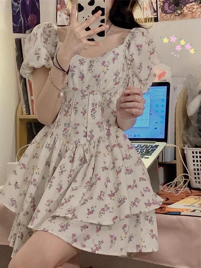 2026 Summer Women's Floral Retro Puff Sleeve Tea Dress - Spicy Girl Style, Pure Desire Waist-Cinching Skirt