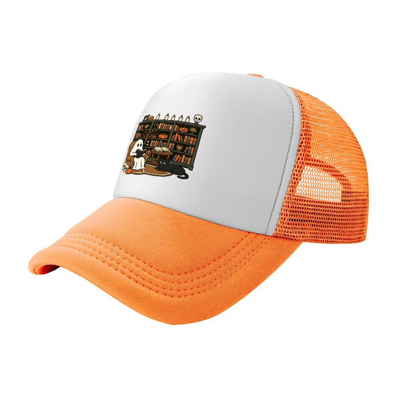 Library Cats Bookshelf Design Mesh Baseball Cap Breathable Trucker Hat for Cat Lovers Reading Theme Fashion Accessory