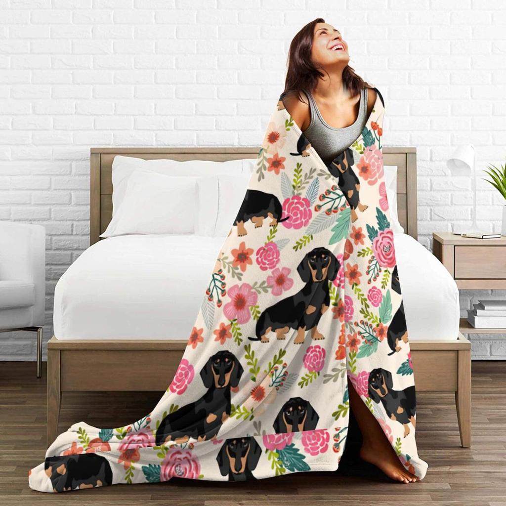 Cute Dog Flower Printed Blanket for Sofa Bed Travel Camping Living Room Office Conditioning Blanket for All Seasons Gifts