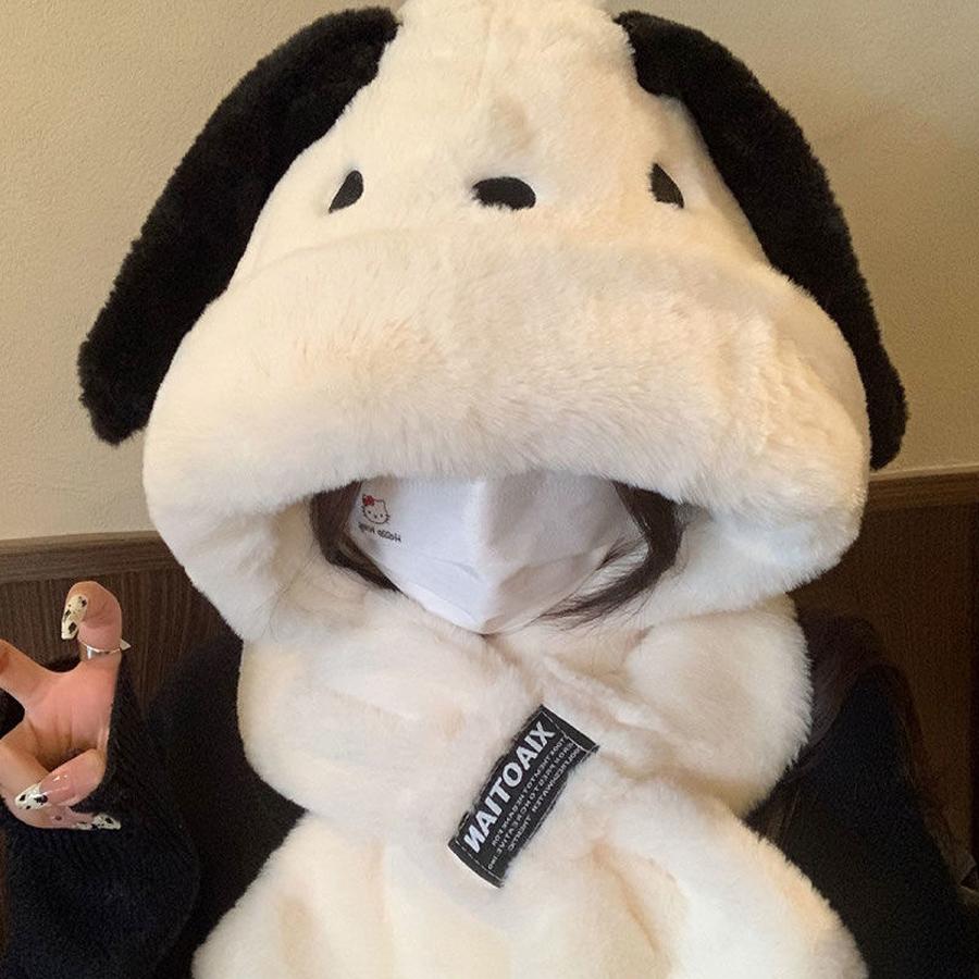 Cute Shiba Inu Long Ear Plush Winter Hat Scarf Set for Girls, Warm Two-Piece Cartoon Outfit