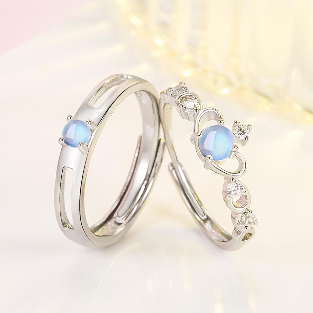 Korean Moonlight Lovers Adjustable Crown Couple Rings with Creative Moonstone Design