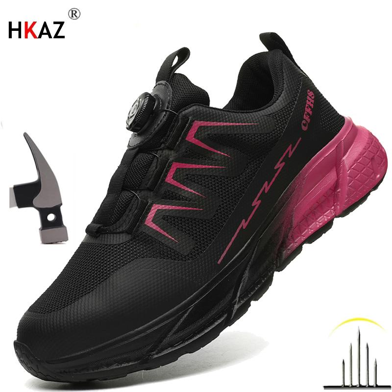 Women Rotary Buckle Slip Resistant Sneakers Breathable Mesh Shoes Safety Shoes Work Puncture-Proof Anti-Smash Steel Toe Shoes