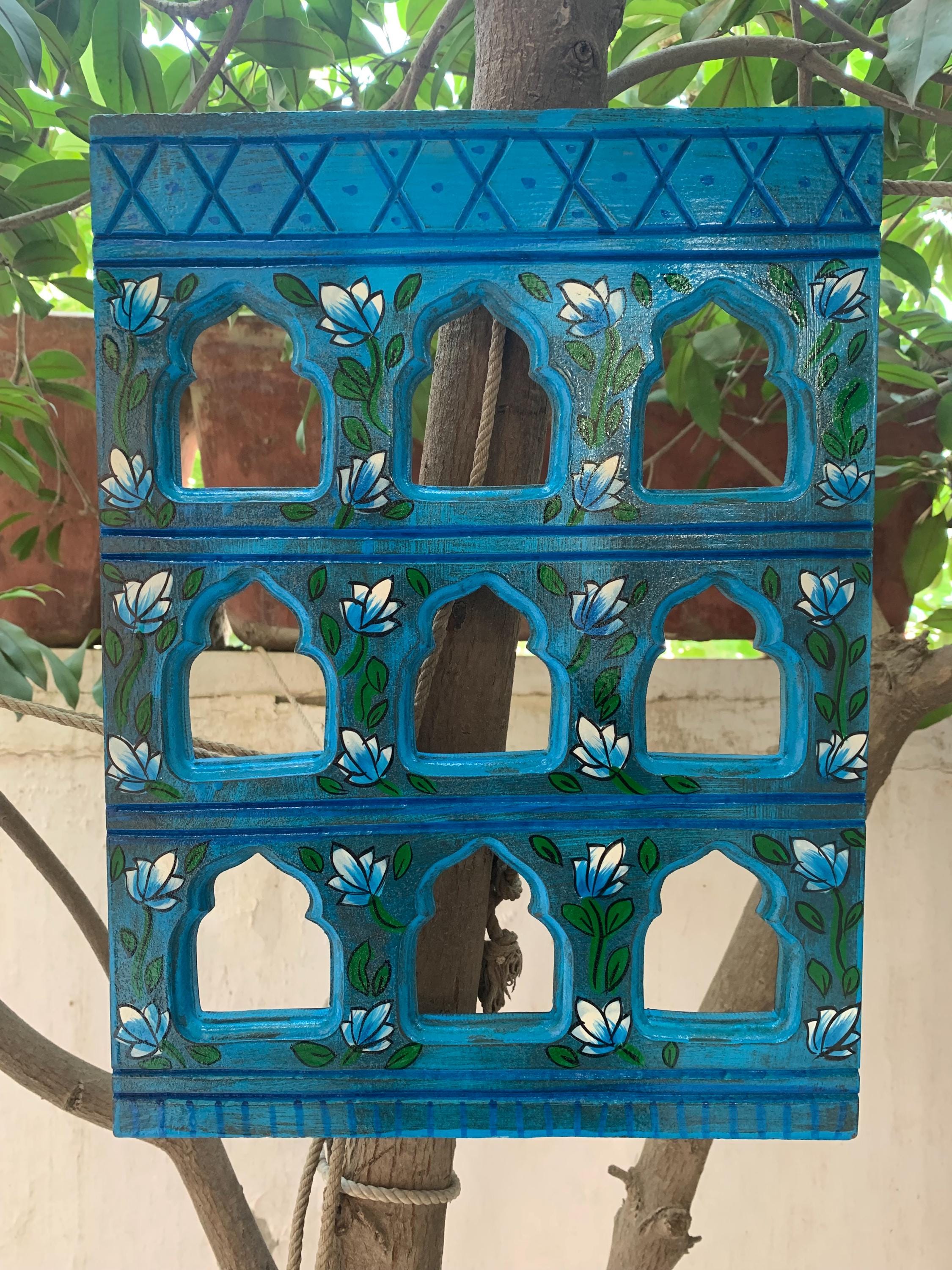 Деревянная рама джарокха, расписанная вручную: Античный синий индийский настенный декор 16” X 8” X 24” (l x w x h)