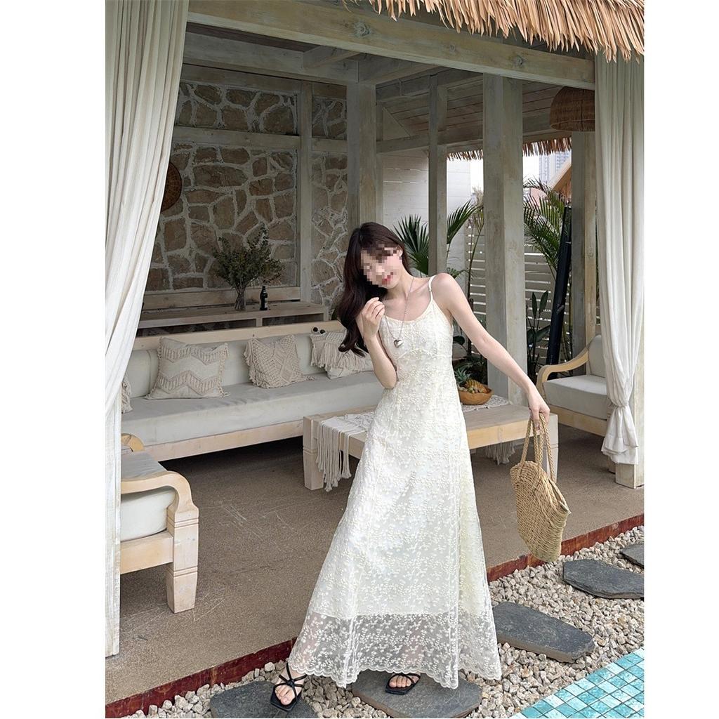 Embroidery suspender dress pure desire style women's summer temperament fashion waist thin chic long skirt tide