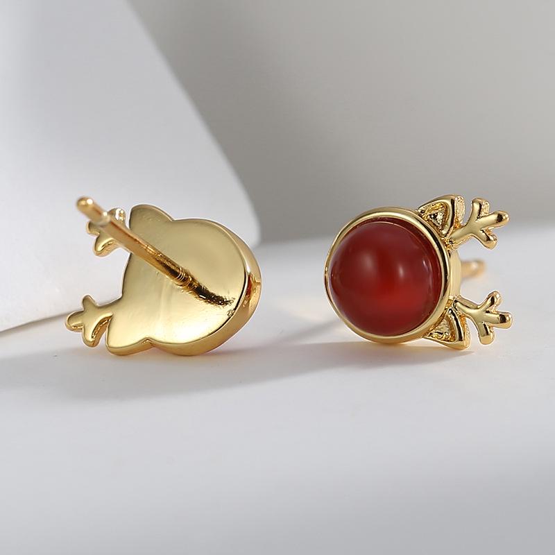 Red Agate Reindeer Stud Earrings - Elegant European & American Christmas Style for Women