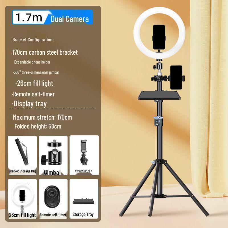 Dual Phone Streaming Stand with Multi-Camera Selfie Gadget and Fill Light for Douyin