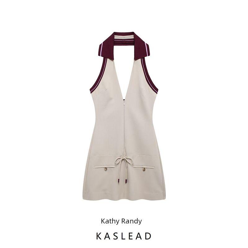 Kaslead New Arrival Women's Clothing Fashion Style Fashion Patchwork Stripes Rib Halterneck Dress 3152221
