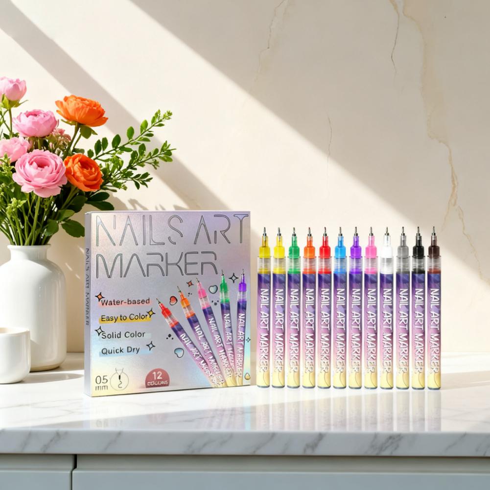 12 Stück/Set Acryl Graffiti Stift für Nägel 12 Farben Nagelmarker Malwerkzeug DIY Nagelkunst Werkzeuge Wasserdicht und Schnelltrocknend Nagelmarkierung