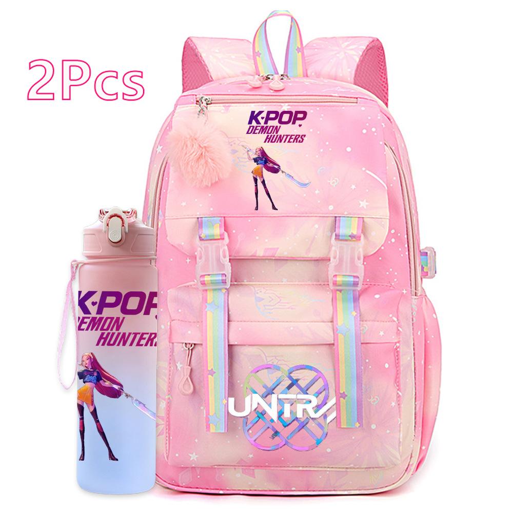 2Pcs/set Anime Cartoon Kpop Printed Backpack with 750Ml Water Bottler Large Capacity Travel Bag for Teenager Girl Boy Bookbag Kid Gift Rucksak