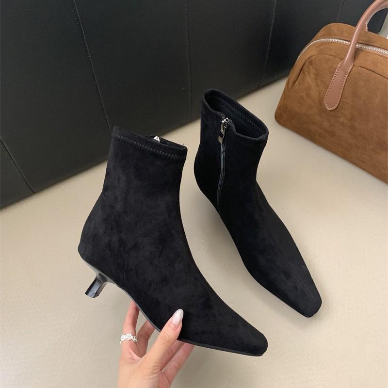 High-heeled pointed-toed temperament suede short boots women's shoes 2025 new autumn and winter velvet thin-heeled Korean thin boots