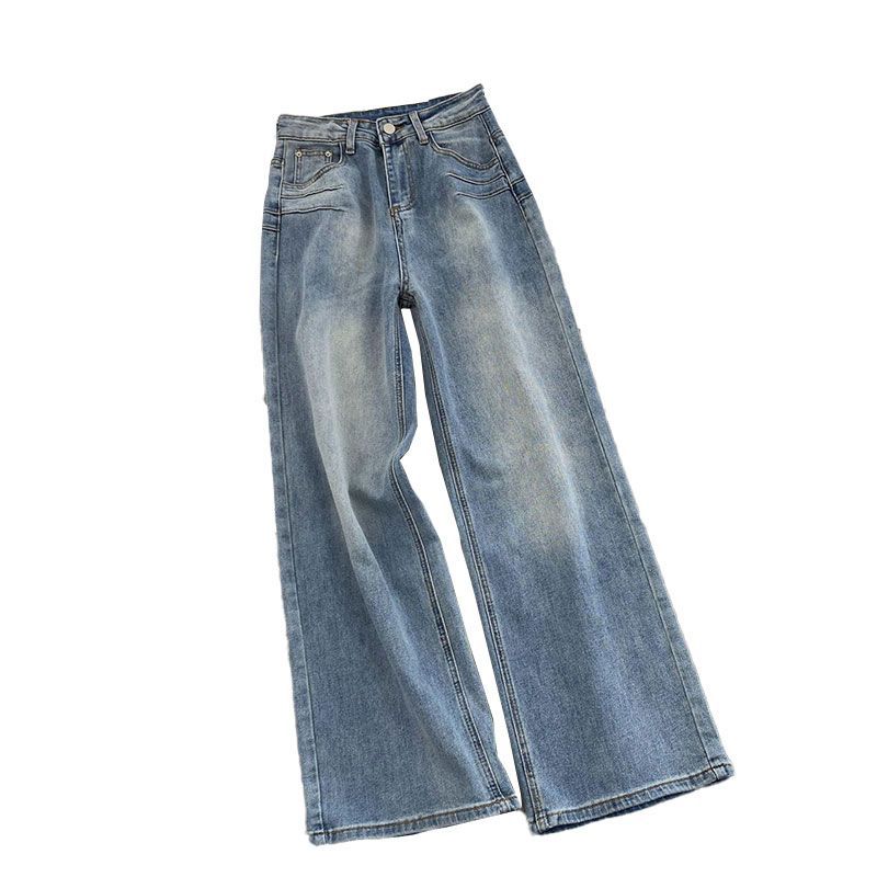 Comfortable Straight Jeans Design Sense Embroidery Loose Light Blue Skinny High Waist Drapey Wide Leg Long Trousers Jeans for Women Long Denim Pants