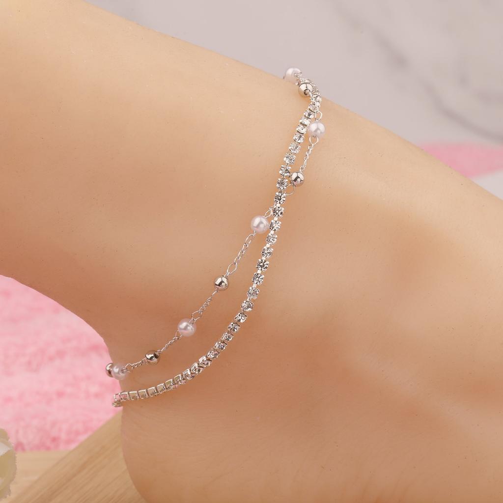 Europe, America, pearl double-layer bead chain alloy anklet women, fashionable handmade diamond-encrusted beach anklet foot decoration