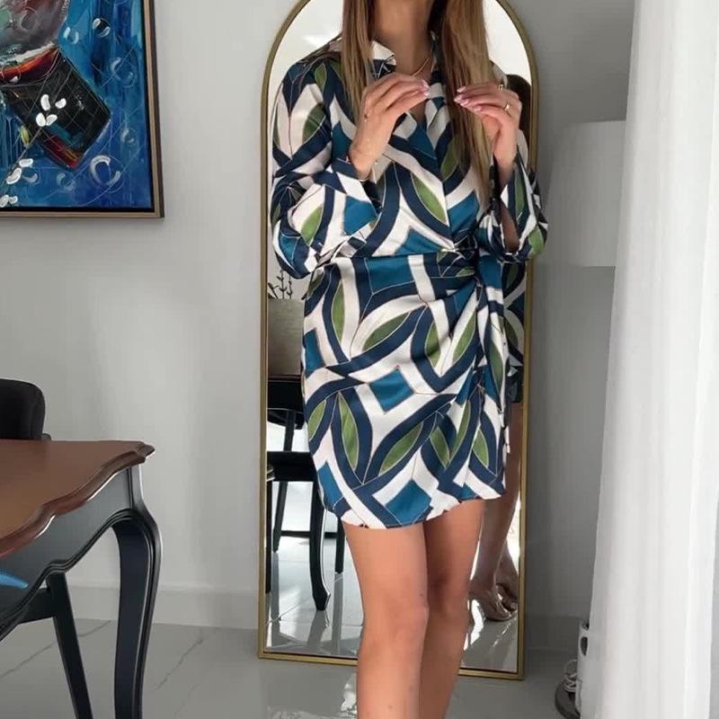 

Autumn 2023 European-American Print Polo Collar Mid-length Dress Double Extra Large