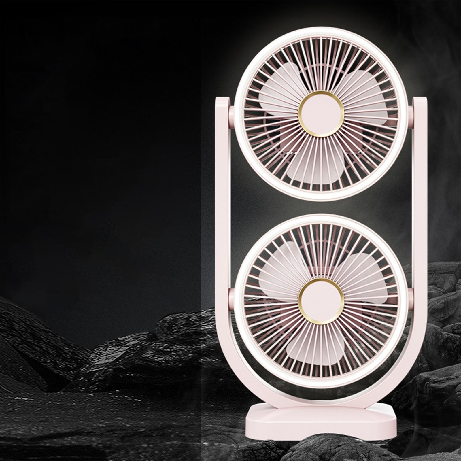 

Вентилятор с двумя головками, бытовой, настольный, с зарядкой через USB, пятискоростной, уличный, кемпинговый, настольный, с подсветкой розовый