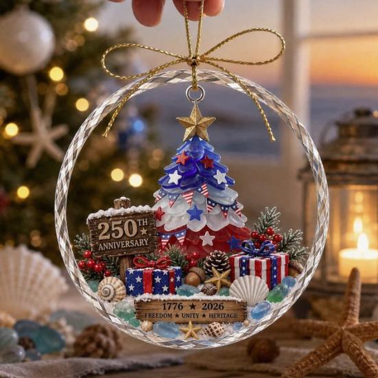 Xmas Tree Hanging Accessory 250 Anniversary USA Sea Glass Christmas Ornament, 1776-2026 Patriotic Faux Crystal Commemorative Keepsake Gift Clear