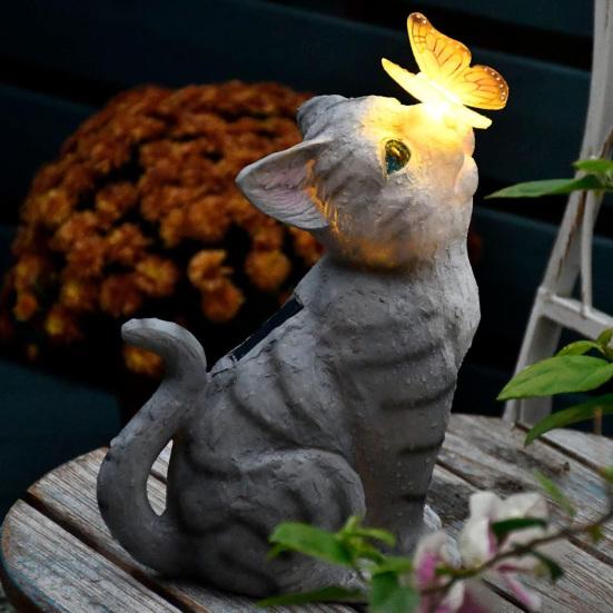 Cat Statue Solar Light Waterproof Garden Kitten Sculpture Lighted Kitten Statue Outdoor Landscape Lighting for Patio Yard Decoration
