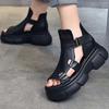 Women's Fish Mouth Roman Boots Soft Leather Thick-Soled Muffin Heel Hollow Sandals