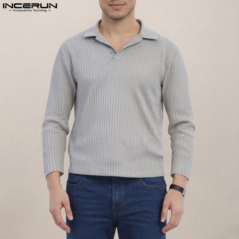 INCERUN Autumn Winter Men Lapel Neck Long Sleeve Casual Texture Rib Pullovers Tops