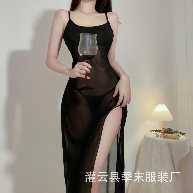 Sexy underwear women's sexy pure desire suspender long dress transparent mesh dress beautiful perspective passion