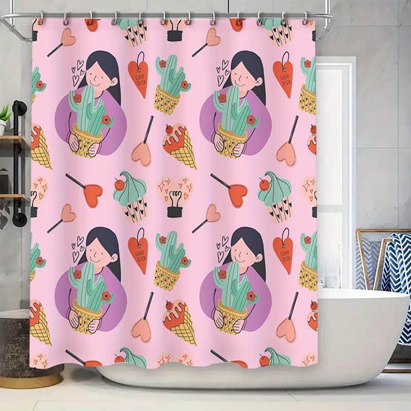 

Cute Cartoon Print Shower Curtain With Succulent Cactus Design For Bathroom Decor Pink Color (180X240Cm) W60H190(CM)-1 Pcs