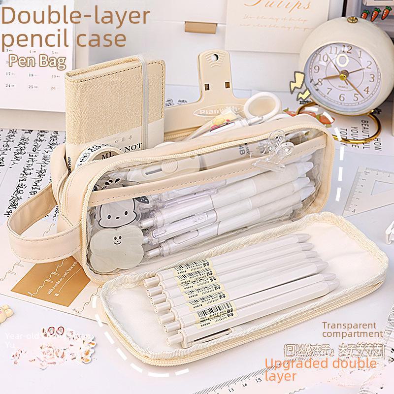 Japanese-Style Milk Salt Double-Layer Transparent Pencil Case - High Capacity for Junior High Students