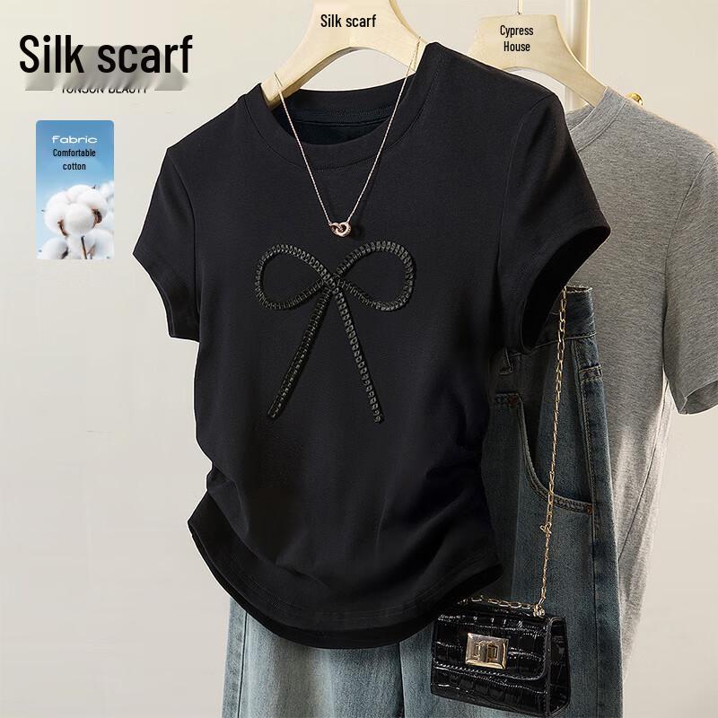 Si Bai She Women s Round Neck Bowknot Short Sleeve T-shirt M