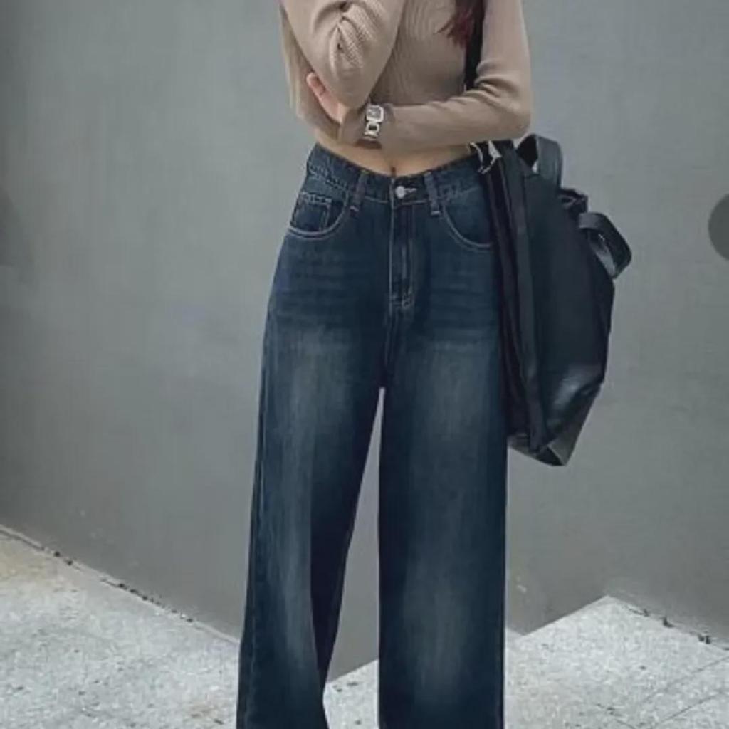 Jesień 2023 Damskie Retro Prane Dżinsy Slim z Wysokim Stanem i Szerokimi Nogawkami