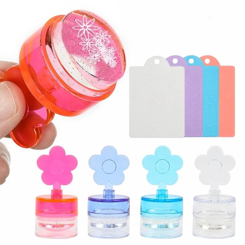 1 Set Flower Shape Nail Stamper Clear Silicone Head Manicure Scraper Transfer Templates Printing Kits Nail Art Stamping Plates