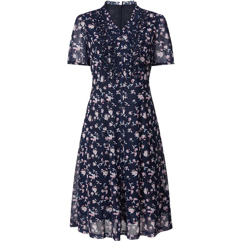 JZ Elegant Ruffle V-Neck Floral Chiffon Midi Dress M